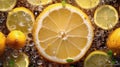 Fresh slice lemon in the background decorated with sparkling water drops. Royalty Free Stock Photo