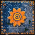 Cosmic Symbolism in Orange Flower and Square on Blue Canvas (AI Generated) Royalty Free Stock Photo