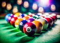 Vibrant Billiards A CloseUp View of Colorful Balls on a Pool Table Ready for a Classic Game of
