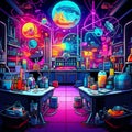 Colorful laboratory with futuristic equipment in pop art style