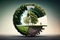 Green planet with wind turbines and trees. Ecology concept