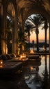 Immerse yourself in a visual journey through a modern Moroccan high-end backyard in Palm Beach at sunset