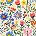 a burst of vibrantly colored flowers, painted with the simplistic brushstrokes and lively palette
