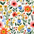 a burst of vibrantly colored flowers, painted with the simplistic brushstrokes and lively palette