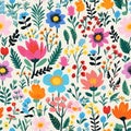 a burst of vibrantly colored flowers, painted with the simplistic brushstrokes and lively palette