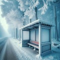Frozen bus stop, station in winter