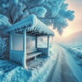 Snow-Covered Bus Stop: Frozen Winter Scene