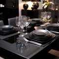 Exquisite Minimalist Cutlery and Dishes on a Sleek Black Dining Table
