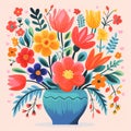 Animated cartoon style image of a charming vase overflowing with vibrant, whimsical flowers