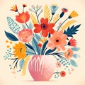 Animated cartoon style image of a charming vase overflowing with vibrant, whimsical flowers