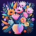 Animated cartoon style image of a charming vase overflowing with vibrant, whimsical flowers