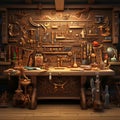 Beautifully crafted wooden workbench adorned with carpentry tools Royalty Free Stock Photo