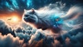 Whiskers in the Clouds: Feline Fantasy Amongst Floating Goldfish Royalty Free Stock Photo