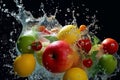 Immersed in freshness, fruits and vegetables splash into clear water