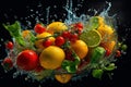 Immersed in freshness, fruits and vegetables splash into clear water