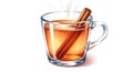 A transparent glass cup filled with warm tea is depicted, featuring a cinnamon stick Royalty Free Stock Photo