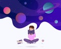 Immersed in reading metaphor vector illustration. Young girl in lotus pose enjoying sci fi literature, fantasy novel