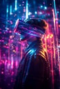 Immersed in VR Man in Profile Wears High-Tech Headset, Experiencing Dazzling, Streaming Visuals Royalty Free Stock Photo