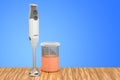 Immersion blender on the wooden table. 3D rendering Royalty Free Stock Photo