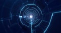 An immersive, abstract 3D visualization of a digital security tunnel with glowing blue circuit lines receding into the distance Royalty Free Stock Photo