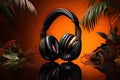 Immersive Audio Experience Leather Headphones and Decorative Plants on Dark Isolated Background for Music, Podcast, and Streamers