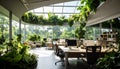 An immersive biophilic office design featuring an open plan layout with abundant natural light streaming through expansive curved Royalty Free Stock Photo