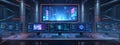 Immersive Cyberpunk Command Center with Neon Data Visualization Royalty Free Stock Photo