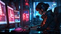 Immersive Cyberpunk Hacker Workspace with Neon Lights and Dual Monitors