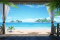 Immersive 3D gazebo by the ocean, tropical beachfront, tranquil seascape