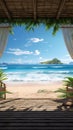 Immersive 3D gazebo by the ocean, tropical beachfront, tranquil seascape