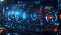 Immersive Digital Dashboard Displaying Advanced Futuristic Data Interfaces with Blue and Orange Glowing Elements Showing Complex Royalty Free Stock Photo