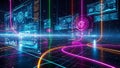 Immersive digital display of futuristic interfaces with glowing neon lines and data streams on a dark grid background Royalty Free Stock Photo