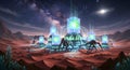 sci-fi desert planet with alien robots and glowing energy architecture under ringed sky Royalty Free Stock Photo