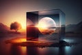 Immersive experience concept, metaverse illustration, nature landscape with abstract cube generative ai Royalty Free Stock Photo