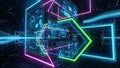 Immersive Futuristic Digital Interface with Neon Geometric Frames and Data technology Royalty Free Stock Photo