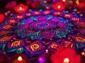 Immersive GlowInTheDark Mandala Design Surrounding Lit Candles A Visual Symphony of Vibrant Colored Light Royalty Free Stock Photo