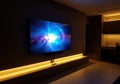Immersive home theater experience with large screen and ambient lighting featuring cosmic display Royalty Free Stock Photo