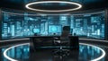 Futuristic Tech Command Center with City Data Visualization Royalty Free Stock Photo