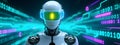 Neon Binary Robot: Futuristic AI in Digital Data Stream Royalty Free Stock Photo