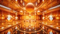 An immersive installation of golden spherical lights hanging from a reflective ceiling in a luxurious interior space. Generative Royalty Free Stock Photo