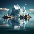 immersive isometric depiction of Antarctic iceberg floating in frigid waters, capturing unique texture, incorporating elements of