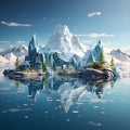 immersive isometric depiction of Antarctic iceberg floating in frigid waters, capturing unique texture, incorporating elements of