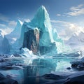 immersive isometric depiction of Antarctic iceberg floating in frigid waters, capturing unique texture, incorporating elements of