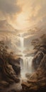 Immersive Landscape Painting: Waterfalls And Trees In Biblical Grandeur