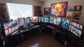 Immersive multi-monitor gaming setup with custom artwork and vibrant displays Royalty Free Stock Photo