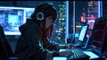 Immersive Nighttime Cyberpunk Hacker Scene with Advanced Technology and Cityscape