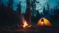 Immersive nighttime forest camping adventure with tent and bonfire beneath the starlit sky