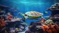 Immersive Photorealistic Turtle Swimming In Vibrant Ocean Environment