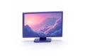 Immersive Purple Computer Monitor Display Featuring a Breathtaking Sunrise Cloudscape Over Mountain Ranges A Digital