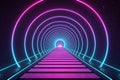 Retro-futuristic portal tunnel with vibrant glowing concentric archways and stars. Royalty Free Stock Photo